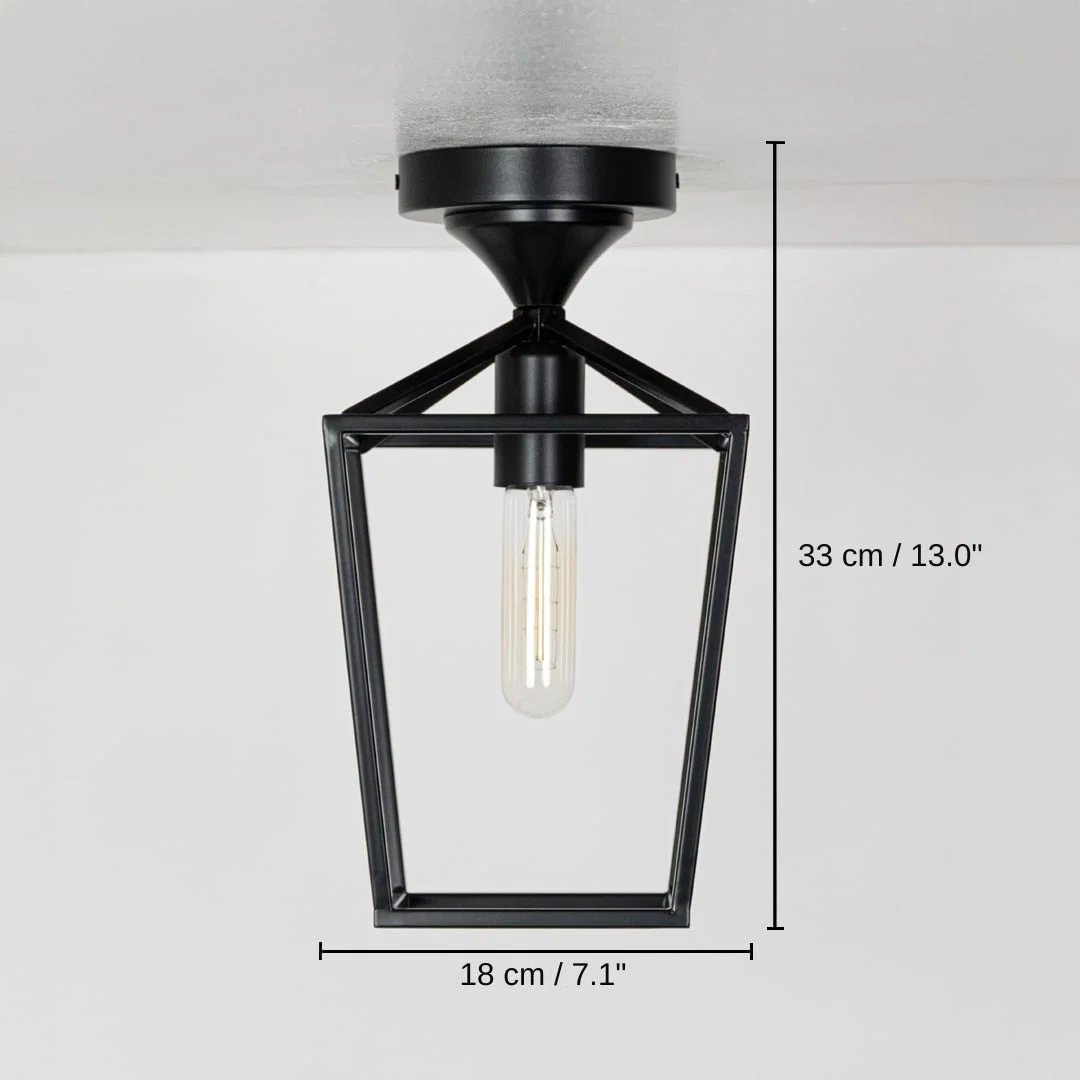 Black outdoor ceiling lantern, base 33 x 18 x 18 cm (13.0 x 7.1 x 7.1 inches), canopy 12 x 12 cm (4.7 x 4.7 inches) dimensions