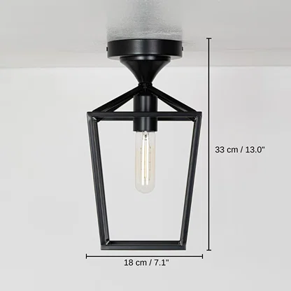 Black outdoor ceiling lantern, base 33 x 18 x 18 cm (13.0 x 7.1 x 7.1 inches), canopy 12 x 12 cm (4.7 x 4.7 inches) dimensions