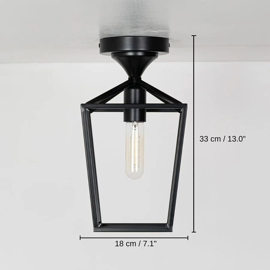 Black outdoor ceiling lantern, base 33 x 18 x 18 cm (13.0 x 7.1 x 7.1 inches), canopy 12 x 12 cm (4.7 x 4.7 inches) dimensions