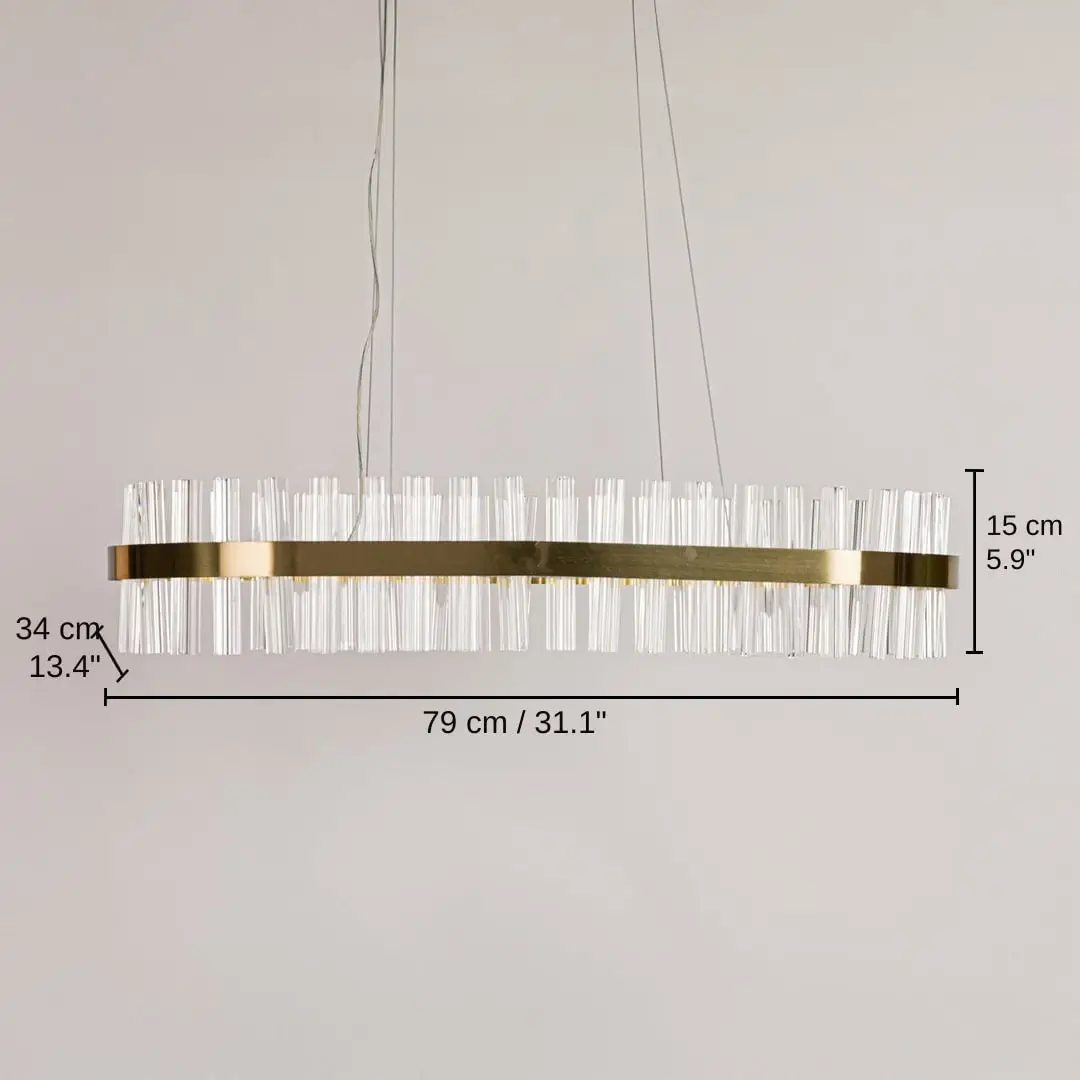 Radiant Ring Rectangular Modern LED Chandelier, base 15 x 79 x 34 cm (5.9 x 31.1 x 13.4 inches), canopy 30 x 9 cm (11.8 x 3.5 inches) dimensions
