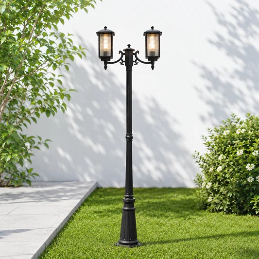 Modern black aluminum double head garden lamp post light for lawn backyard patio area white wall exterior home decoration.