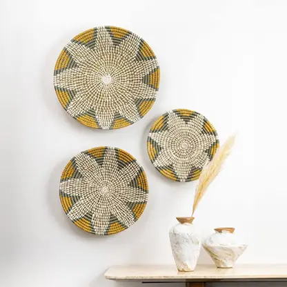 Handcrafted natural seagrass wall basket set for living room bedroom hallway and boho home wall décor styling.