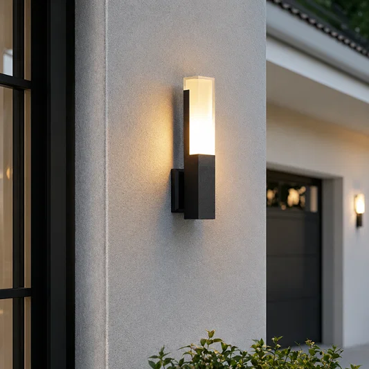 Modern cylindrical black metal outdoor wall sconce light with frosted glass shade for house porch exterior facade lighting.