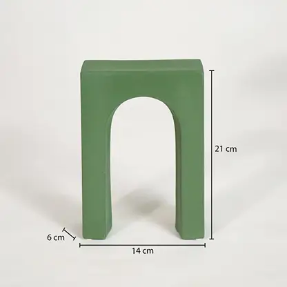 Dimension image of green retro arch table decor for elegant living room decor styling and modern home interior room design.