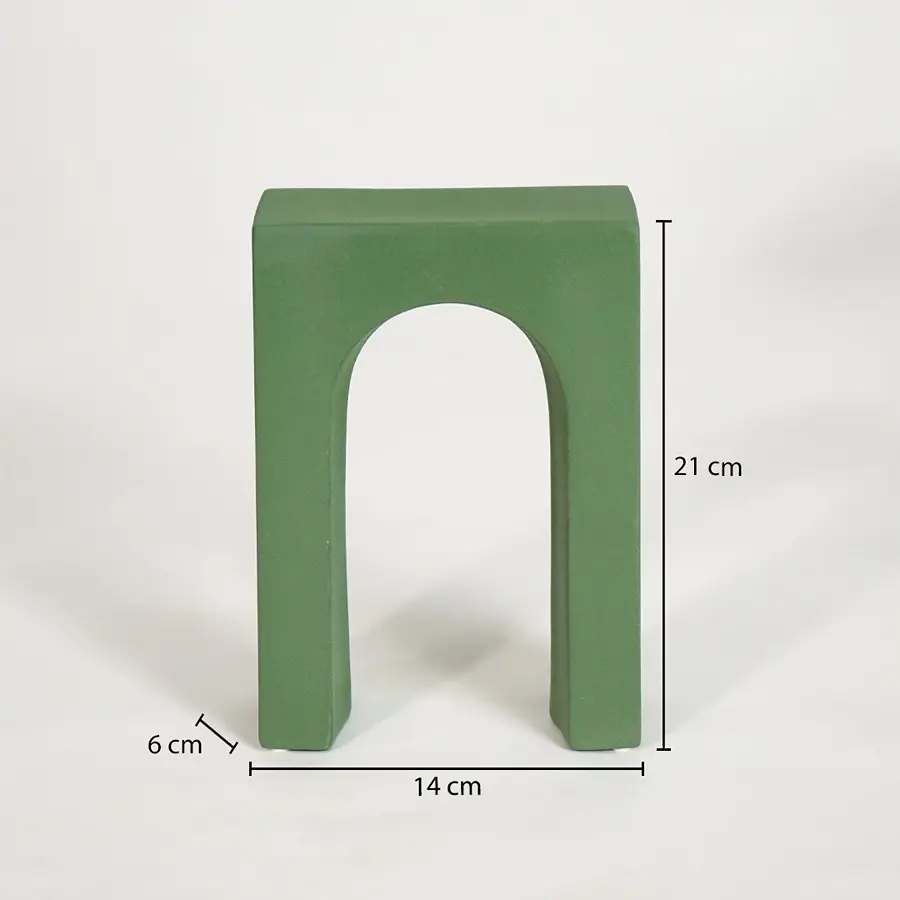 Dimension image of green retro arch table decor for elegant living room decor styling and modern home interior room design.