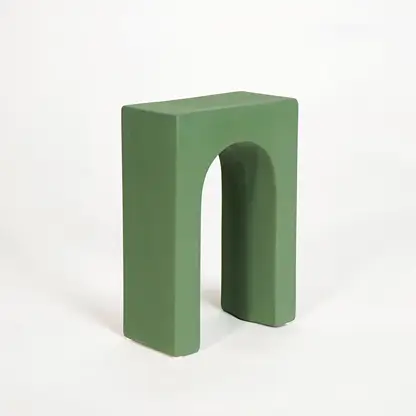 Green wooden decorative display stand for shelf console table and modern home decor on white background image.