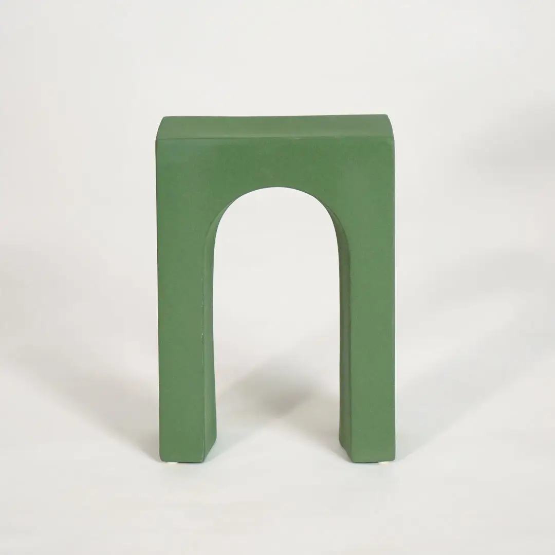 White background image of green retro arch table decor for elegant living room styling and modern home interior decoration.