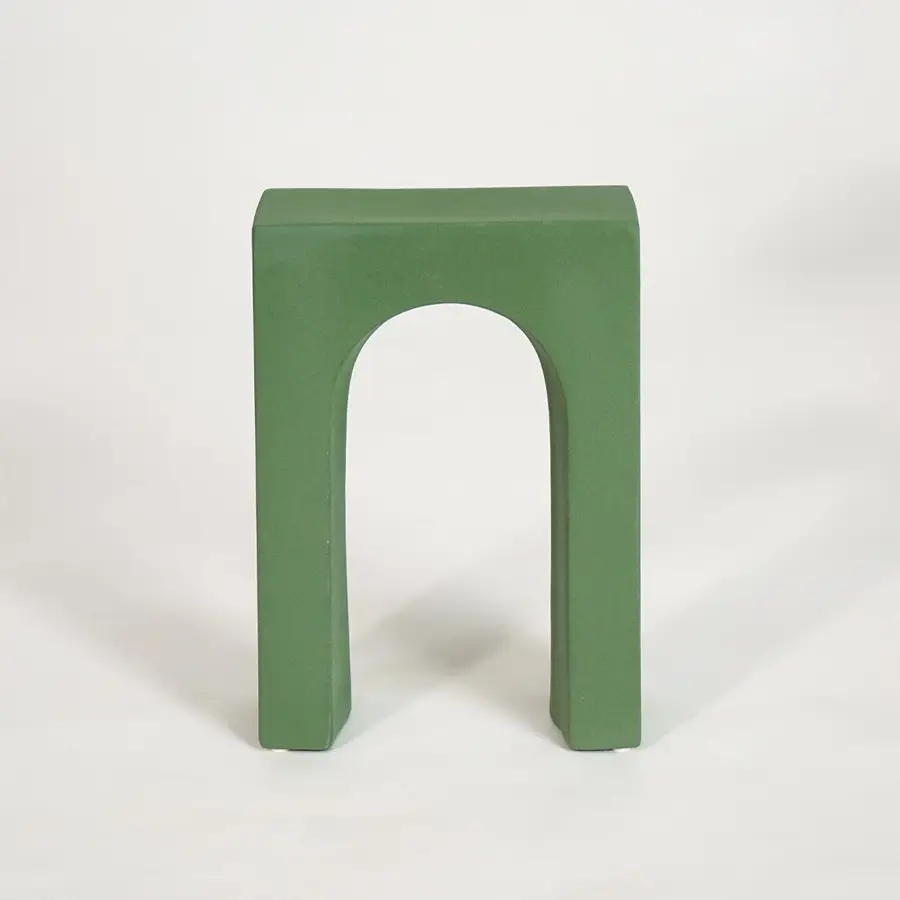 White background image of green retro arch table decor for elegant living room styling and modern home interior decoration.