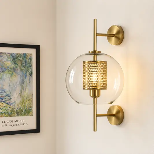Lifestyle image of globe retro loft wall light for elegant hallway decor styling and modern home lighting design.