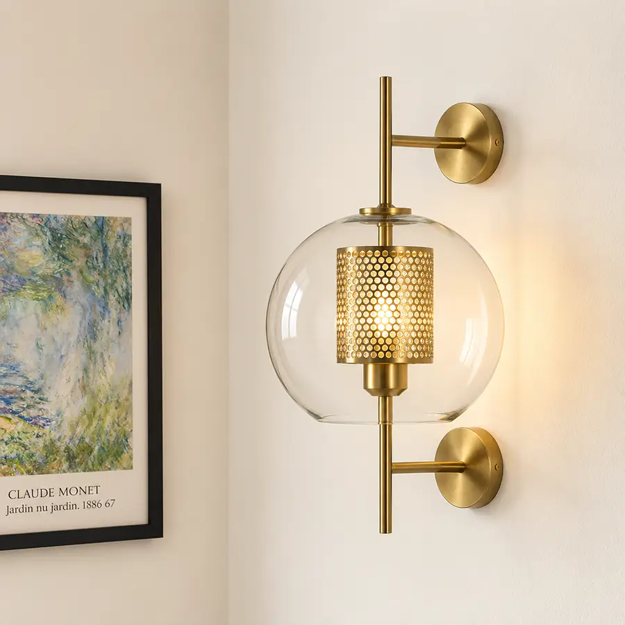 Lifestyle image of globe retro loft wall light for elegant hallway decor styling and modern home lighting design.