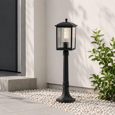 Traditional black aluminum outdoor garden post lamp light with fluted glass shade for villa gravel pathway walkway styling.