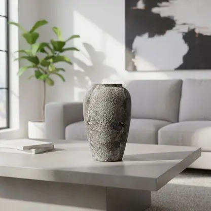 Textured ceramic decor vase styled on a modern coffee table in a bright living room with sofa artwork and indoor plant creating a calm minimal interior scene.
