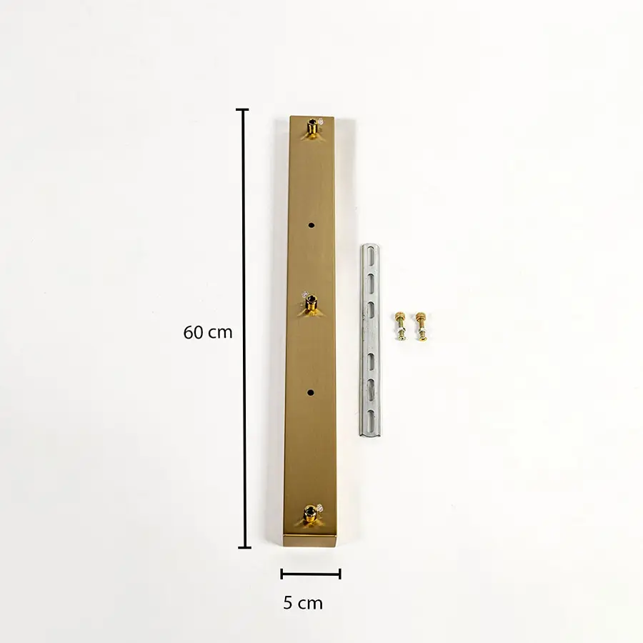 Gold metal ceiling mounting plate dimension image with 5 cm width and 60 cm length for pendant light installation.