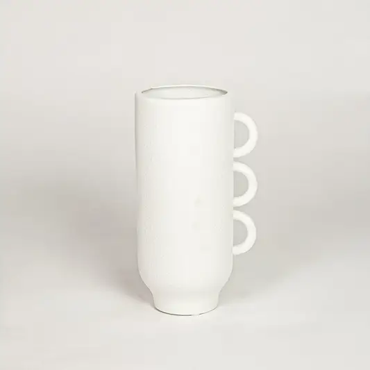 Modern white ceramic decorative vase with triple handles ideal for console table shelf styling and minimalist home decor.
