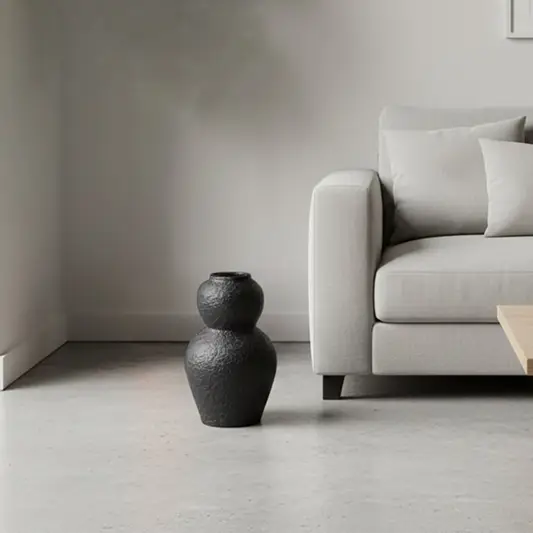 Black textured decorative vase arranged in a designed home setting adding sculptural artistic decor to living rooms entryways and reading corners.