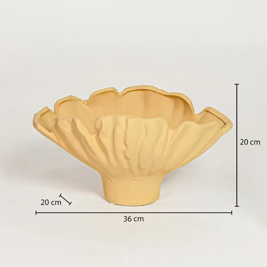 Yellow ceramic ruffled decorative bowl measuring 20 cm height 36 cm width and 20 cm depth perfect for statement table decor placement.