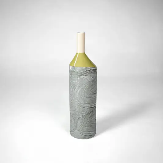 Grey textured ceramic vase with gold neck for stylish console table placement and modern indoor decor styling.