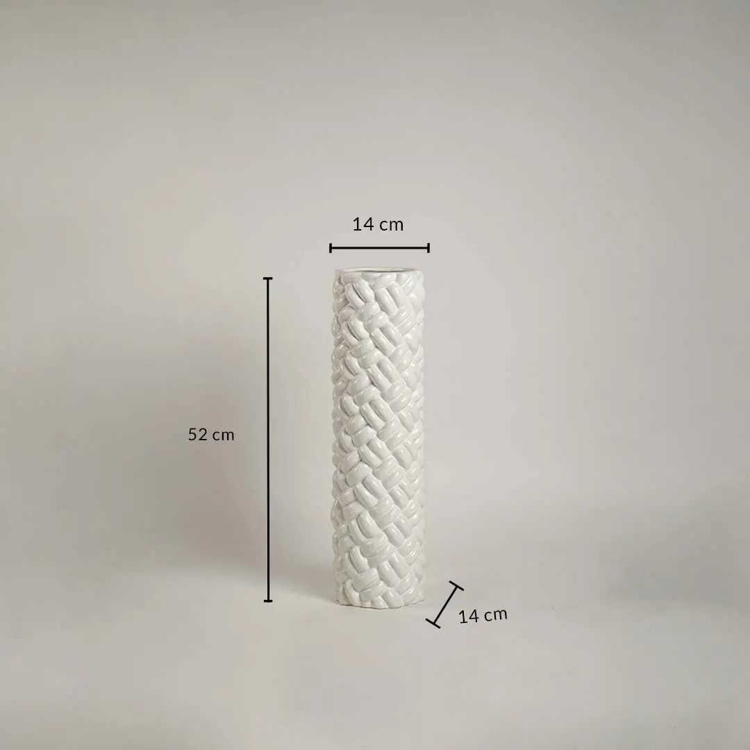 Elegant white ceramic braided tall floor vase with detailed size dimension 52 cm height and 14 cm width shown for accuracy