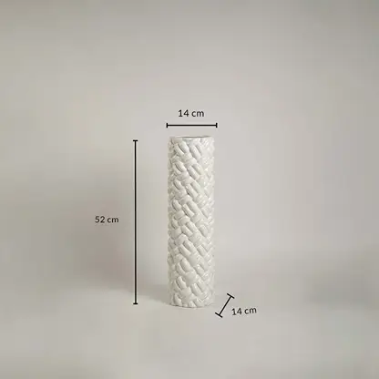 Elegant white ceramic braided tall floor vase with detailed size dimension 52 cm height and 14 cm width shown for accuracy