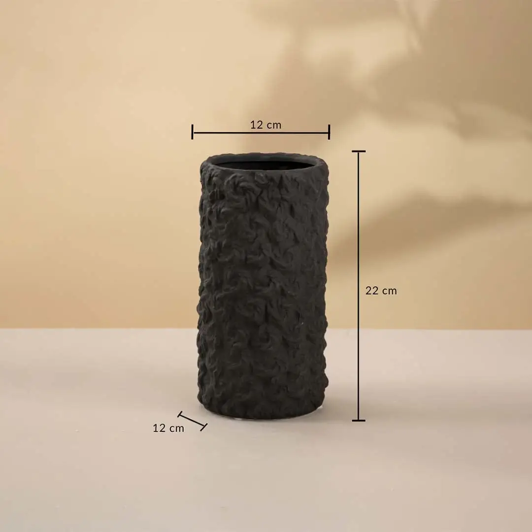 Black cylindrical ceramic vase featuring 22 cm height and 12 cm width displayed on a white background.