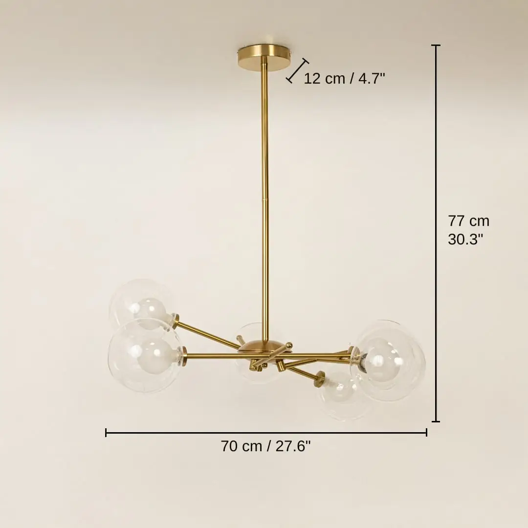 Gold metal chandelier with clear glass globe shades, base 77 x 70 x 70 cm (30.3 x 27.6 x 27.6 inches), canopy 12 x 12 cm (4.7 x 4.7 inches) dimensions