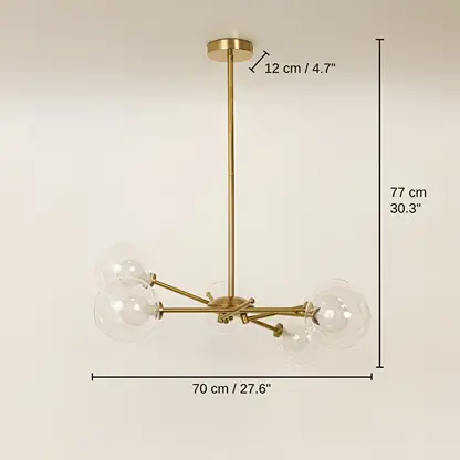 Gold metal chandelier with clear glass globe shades, base 77 x 70 x 70 cm (30.3 x 27.6 x 27.6 inches), canopy 12 x 12 cm (4.7 x 4.7 inches) dimensions