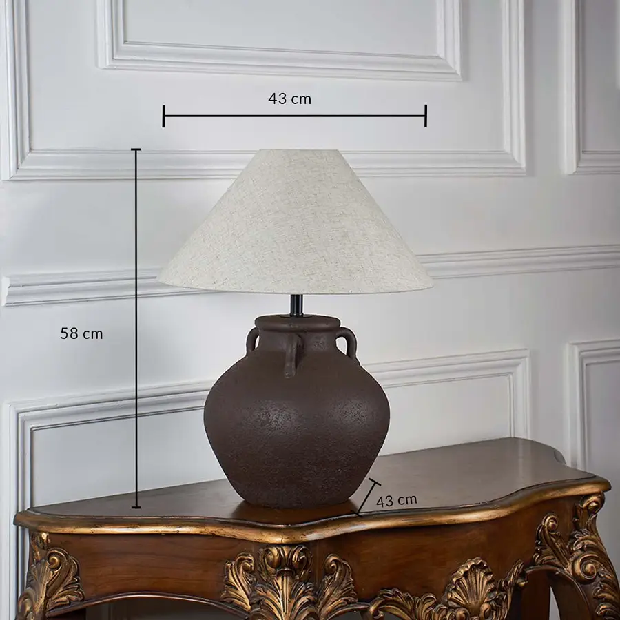 Brown ceramic table lamp with beige linen shade dimensions height 58 cm width 43 cm base 43 cm for living room table lamp.