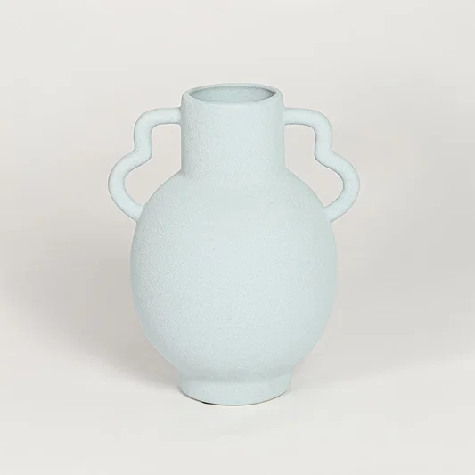 Minimal slab blue ceramic flower vase with sculpted handles ideal for entryway table living room shelf or dining decor display.
