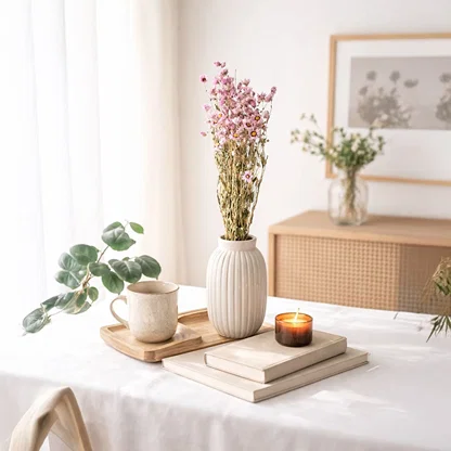 A beautiful pink and yellow dried wildflower bouquet in a white ribbed vase on a sunlit table with a burning candle.