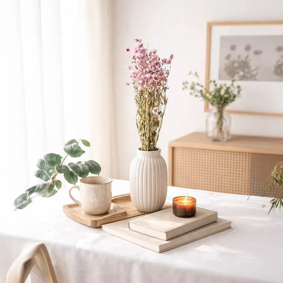 A beautiful pink and yellow dried wildflower bouquet in a white ribbed vase on a sunlit table with a burning candle.
