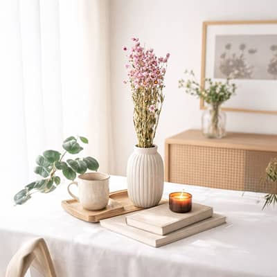 A beautiful pink and yellow dried wildflower bouquet in a white ribbed vase on a sunlit table with a burning candle.