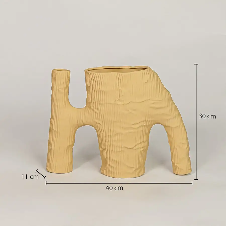 Beige ceramic vase measuring 40 cm width and 30 cm height for modern tabletop and shelf decor placement.