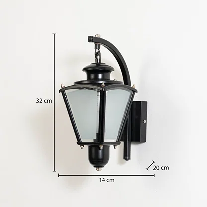 Black metal outdoor wall lantern measuring 32 cm height 14 cm width and 20 cm projection suitable for exterior walls.