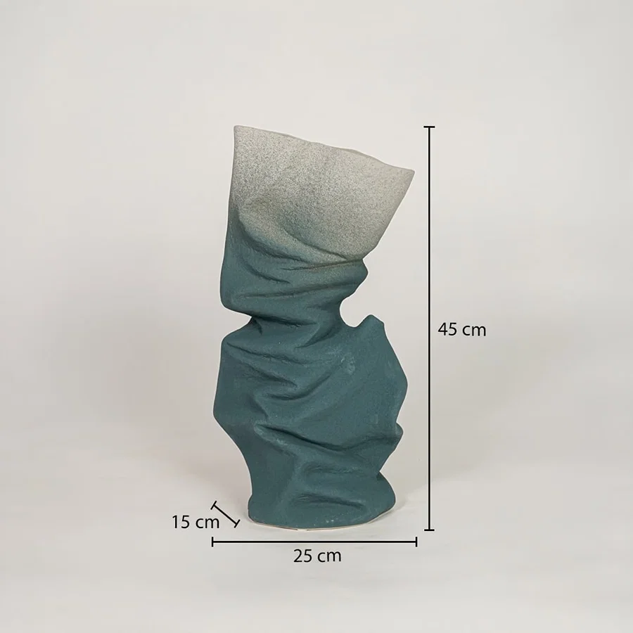 Blue ceramic vase measuring 45 cm height and 25 cm width for modern tabletop and shelf decor styling.