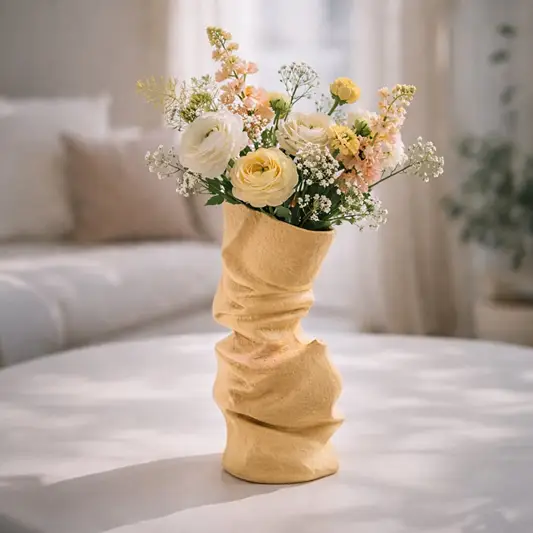 Beige ceramic flower vase with textured finish styled with fresh blooms for elegant modern home decor display.