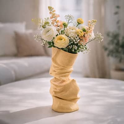 Beige ceramic flower vase with textured finish styled with fresh blooms for elegant modern home decor display.