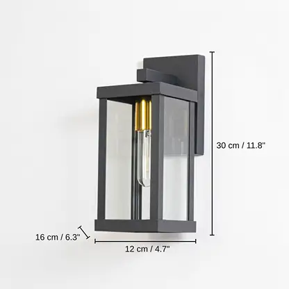 Black metal outdoor wall light, 30 x 12 x 16 cm (11.8 x 4.7 x 6.3 inches) dimensions