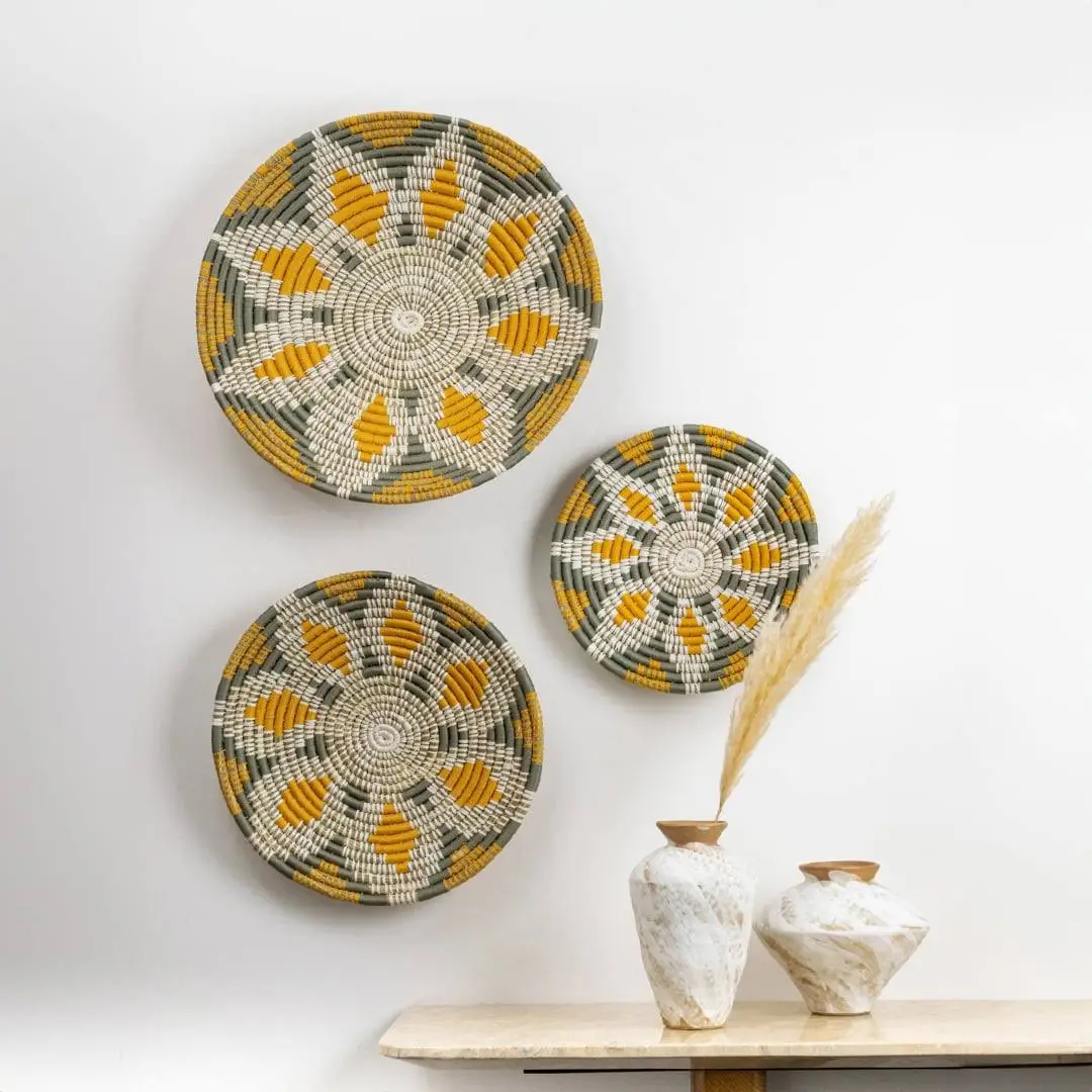 Handcrafted seagrass wall basket set with white and mustard pattern for bedroom living room and boho wall décor.