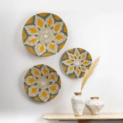 Handcrafted seagrass wall basket set with white and mustard pattern for bedroom living room and boho wall décor.