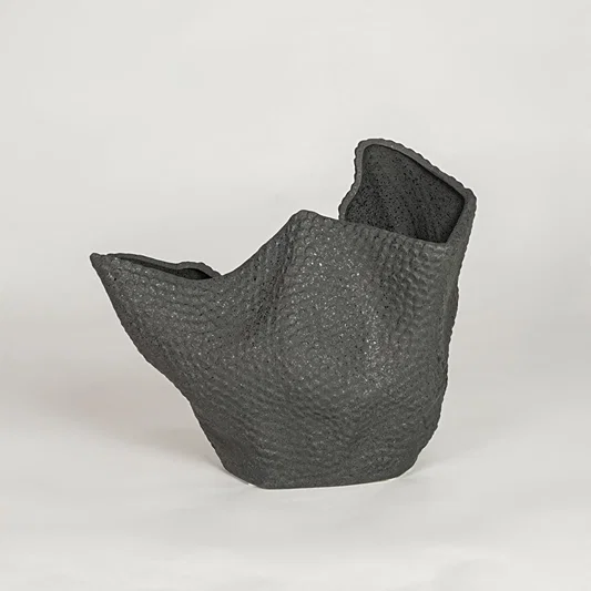 Organic textured black ceramic vase with unique sculptural shape for modern home shelf and tabletop decor style.