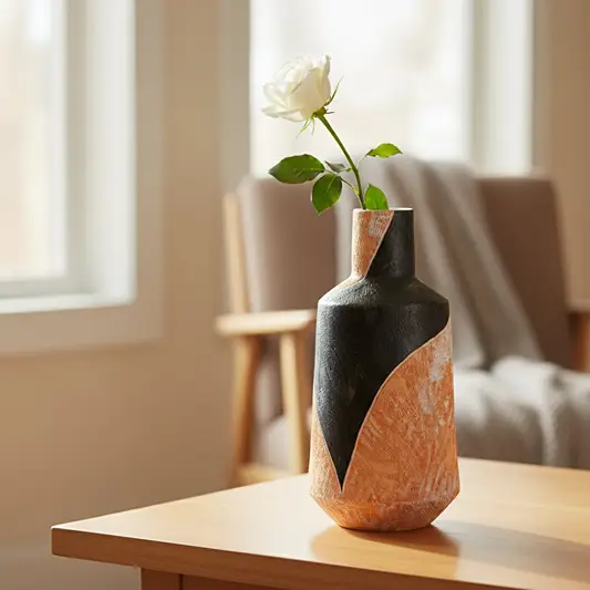 Orange and black textured ceramic decorative vase styled with white rose on wooden side table in warm modern interior.