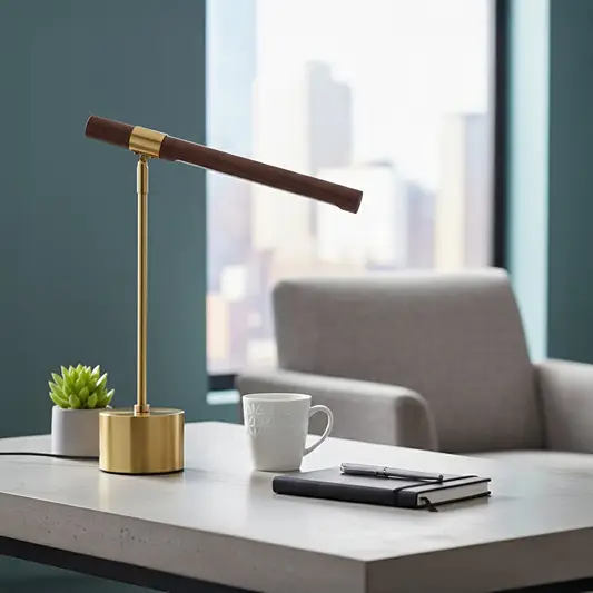 Gold metal desk lamp with wooden tube light head modern adjustable arm design styled on study desk or reading table.