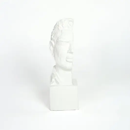 White resin classical bust sculpture with detailed facial features isolated on clean white background for elegant decor styling.