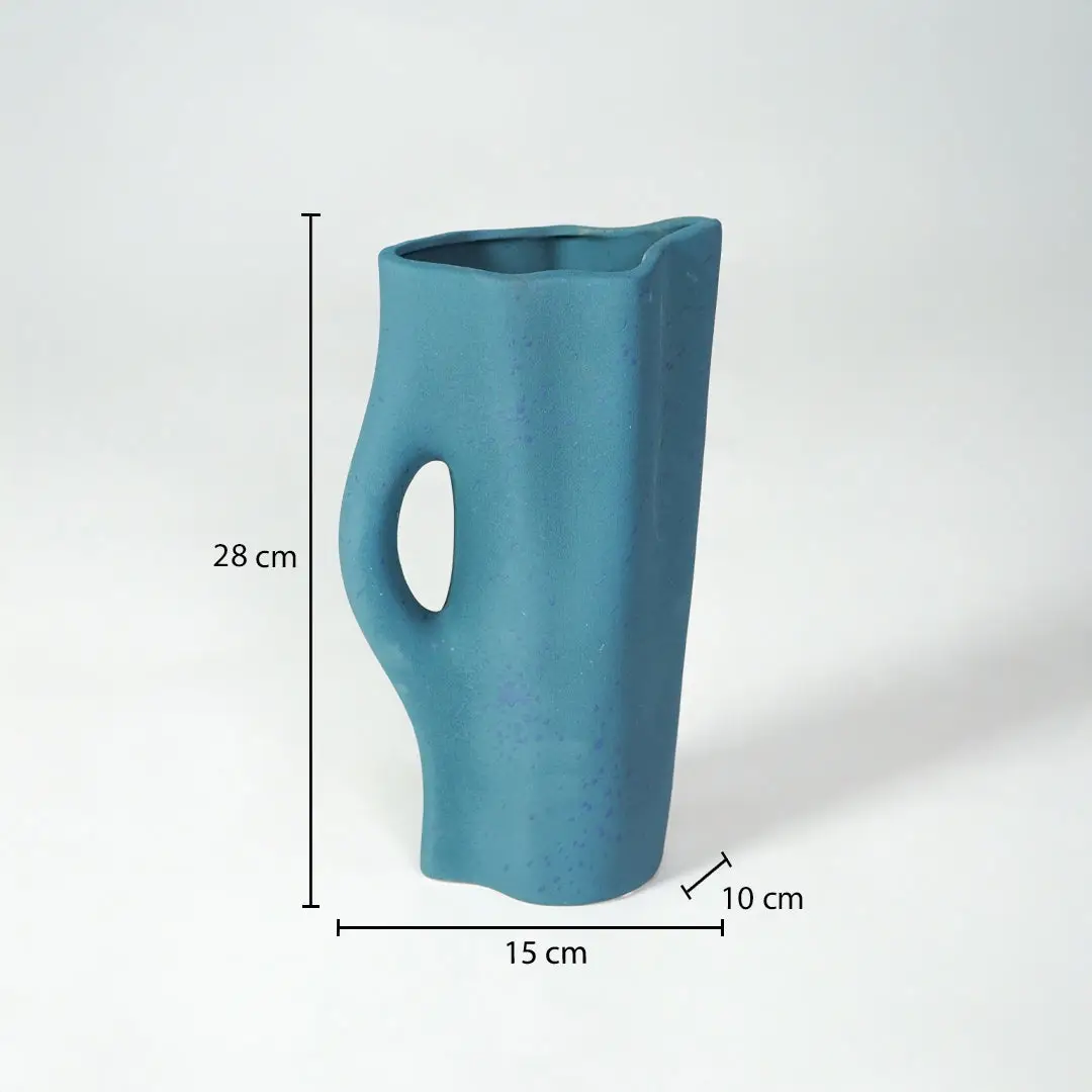 Dimension image of blue ceramic abstract vase measuring 26 cm for modern shelf decor with textured matte finish.