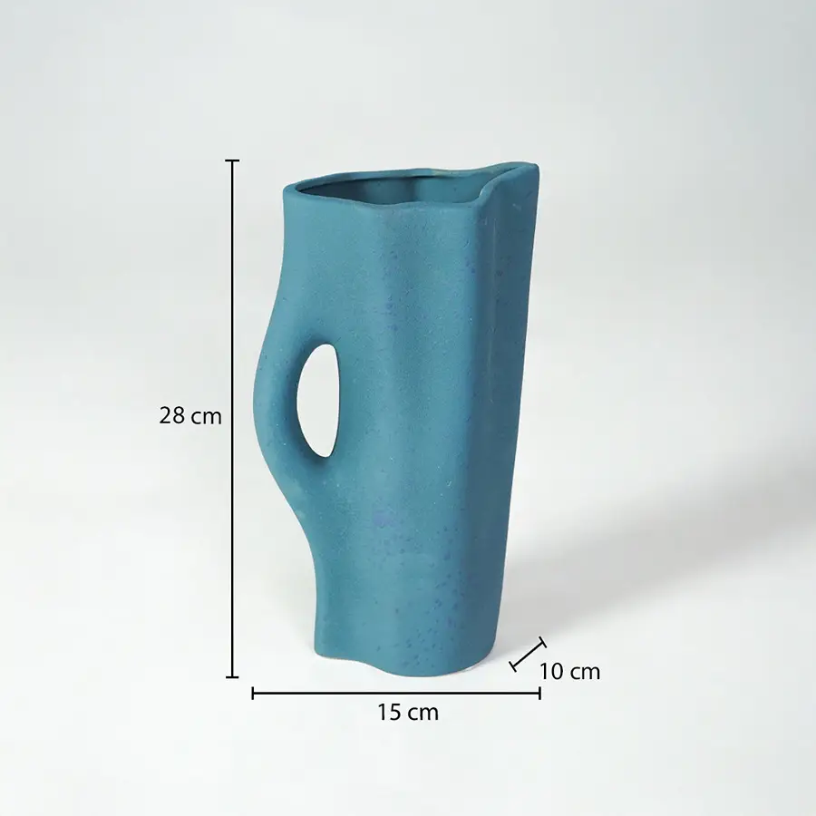 Dimension image of blue ceramic abstract vase measuring 26 cm for modern shelf decor with textured matte finish.