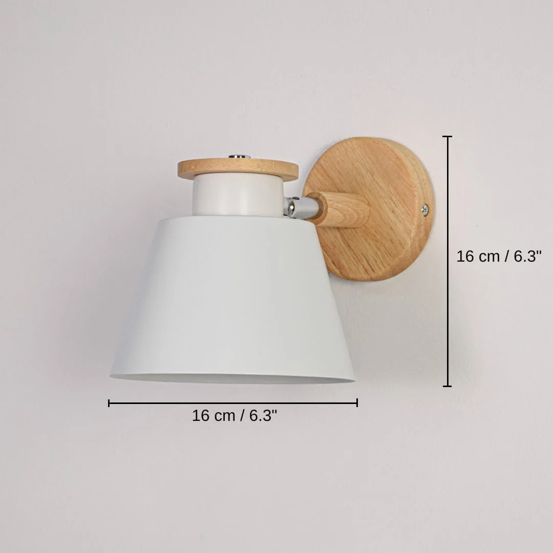 Wooden wall sconce with white lampshade, base 16 x 16 x 24 cm (6.3 x 6.3 x 9.4 inches), canopy 10 x 10 cm (3.9 x 3.9 inches) dimensions