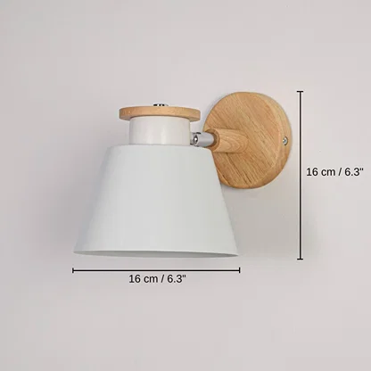 Wooden wall sconce with white lampshade, base 16 x 16 x 24 cm (6.3 x 6.3 x 9.4 inches), canopy 10 x 10 cm (3.9 x 3.9 inches) dimensions