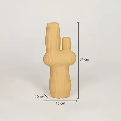 Mustard ceramic vase measuring 34 cm height and 15 cm width for modern tabletop decor placement styling.