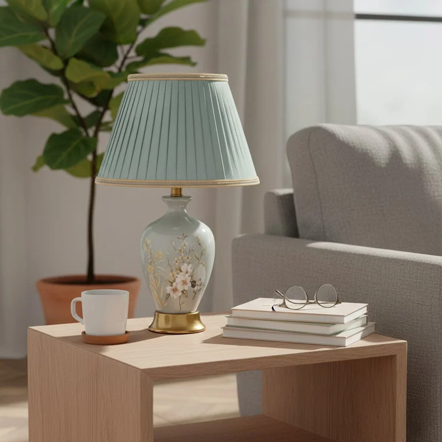 Sage green ceramic table lamp with hand painted floral artwork gold metal base and pleated fabric shade styled on side table.