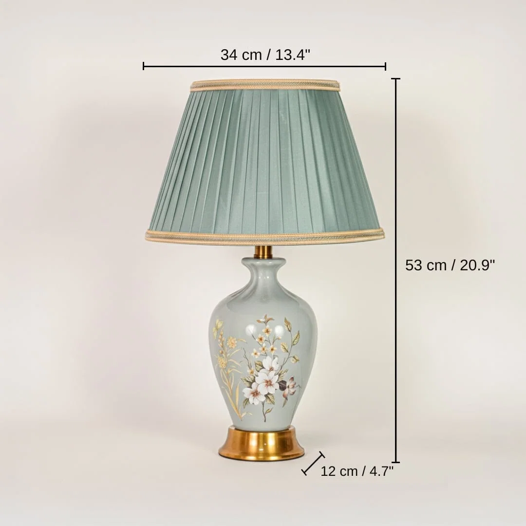 Sage green ceramic table lamp, shade 23 x 34 x 20 cm (9.1 x 13.4 x 7.9 inches), body 53 x 34 x 12 cm (20.9 x 13.4 x 4.7 inches) dimensions